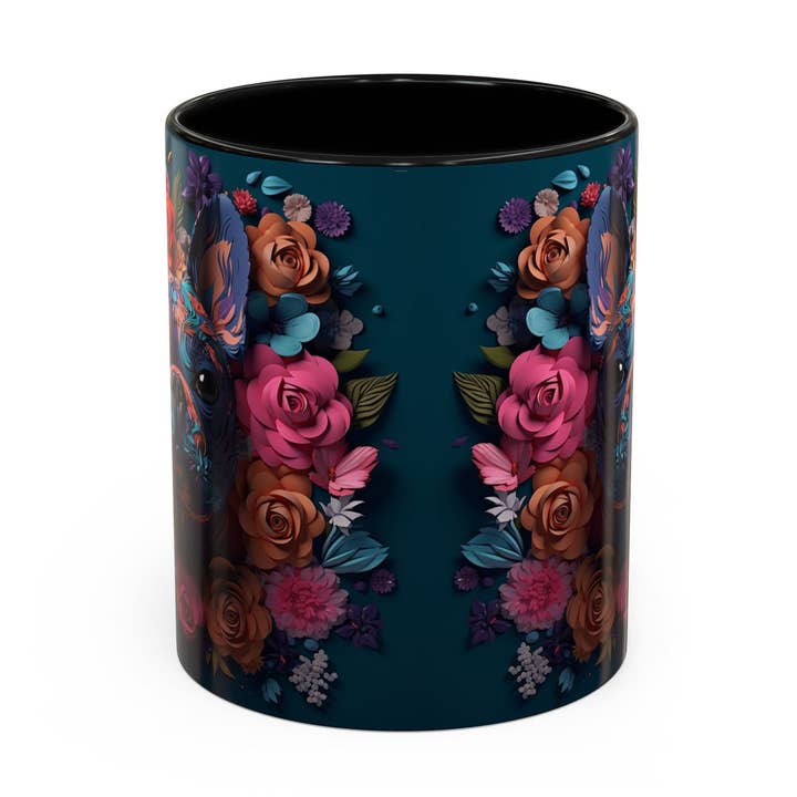 Koffiemok met bloemen en Franse bulldog-accent — kleurrijke hondenkunst, 11/15 oz voor wholesale door Le Paperie Co