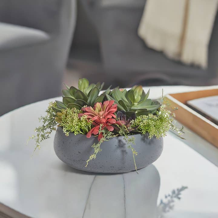 Round Artificial Succulent Arrangement, Natural Pot for wholesale on Faire