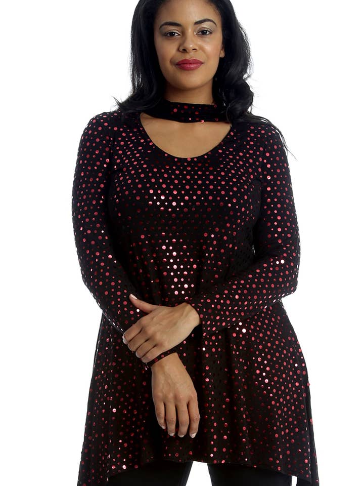 1496 Titel: Schwingtop mit Choker-Ausschnitt und Folienpunkten für den Großhandel von NOUVELLE