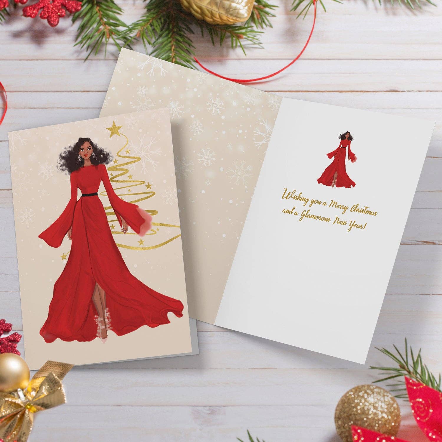 African American Expressions - Venta al por mayor Tarjetas de Navidad - Tarjeta de Navidad con un glamuroso vestido rojo C9762