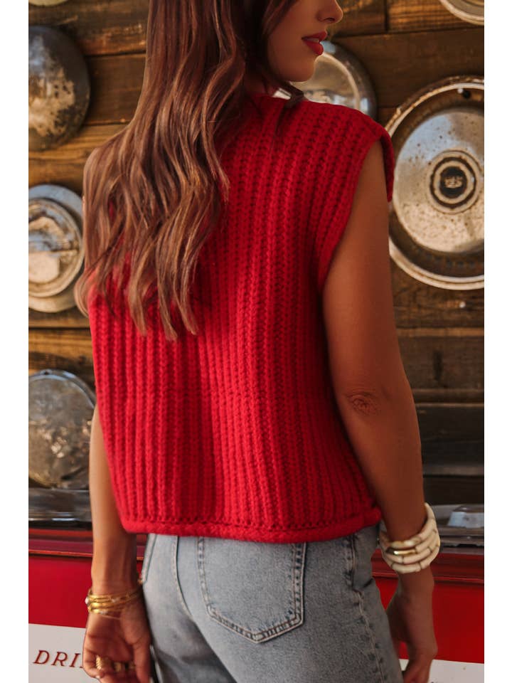 fashionworks - Wholesale Sweater Vest - Women's - Fashion-W Textured Knit Side Pockets Button Sweater Vest