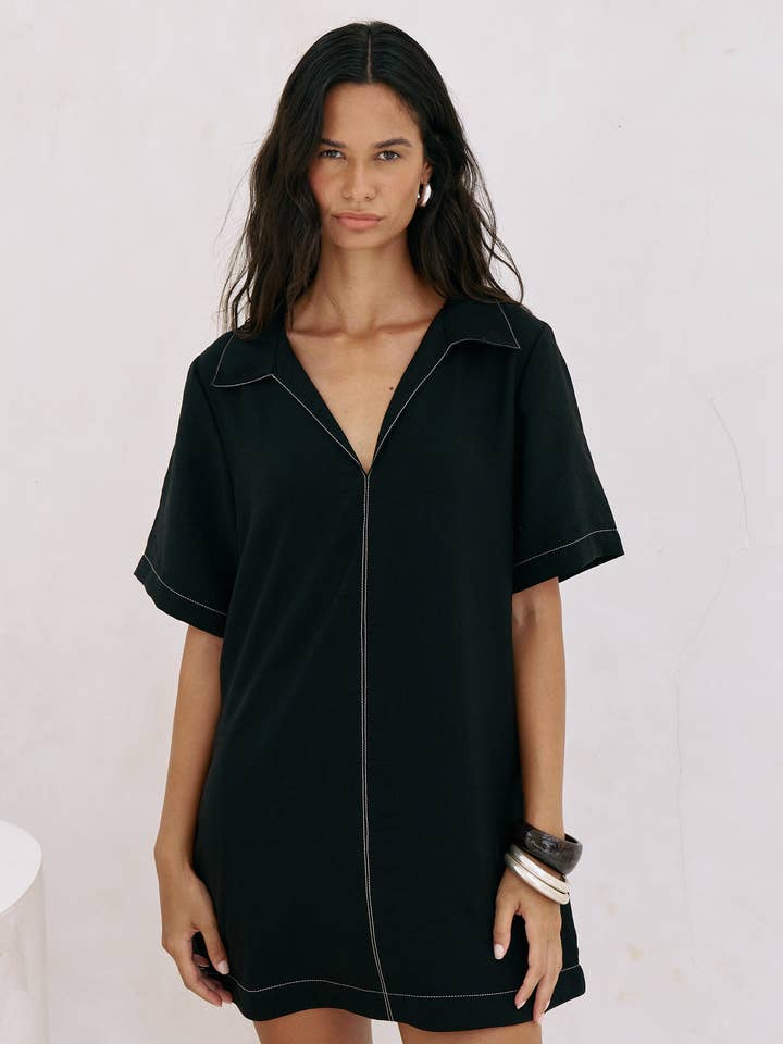 Mae Popover Mini Dress - Black for wholesale by The Handloom
