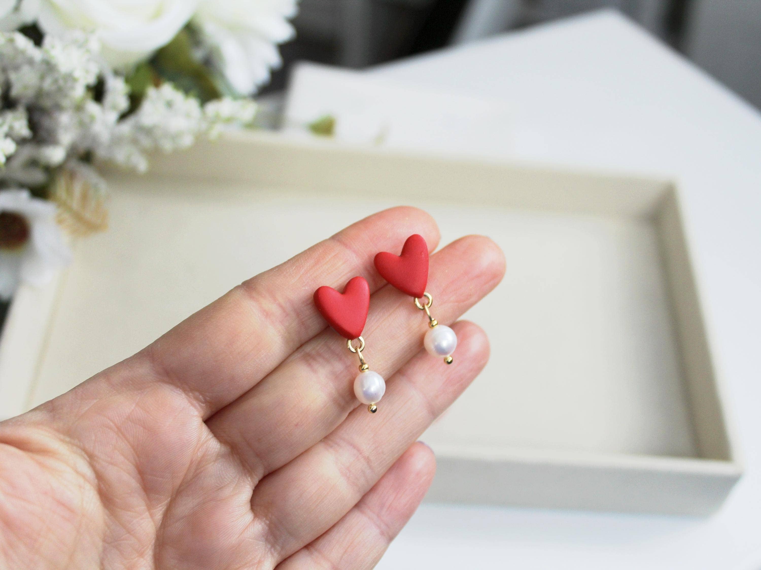 Studio Niani - Wholesale Dangle Earrings - Heart Earrings, Valentine's Day, Cute Earrings, Red, Pearls1