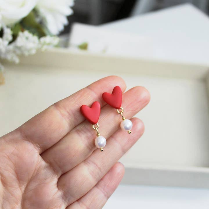 Studio Niani - Wholesale Dangle Earrings - Heart Earrings, Valentine's Day, Cute Earrings, Red, Pearls1