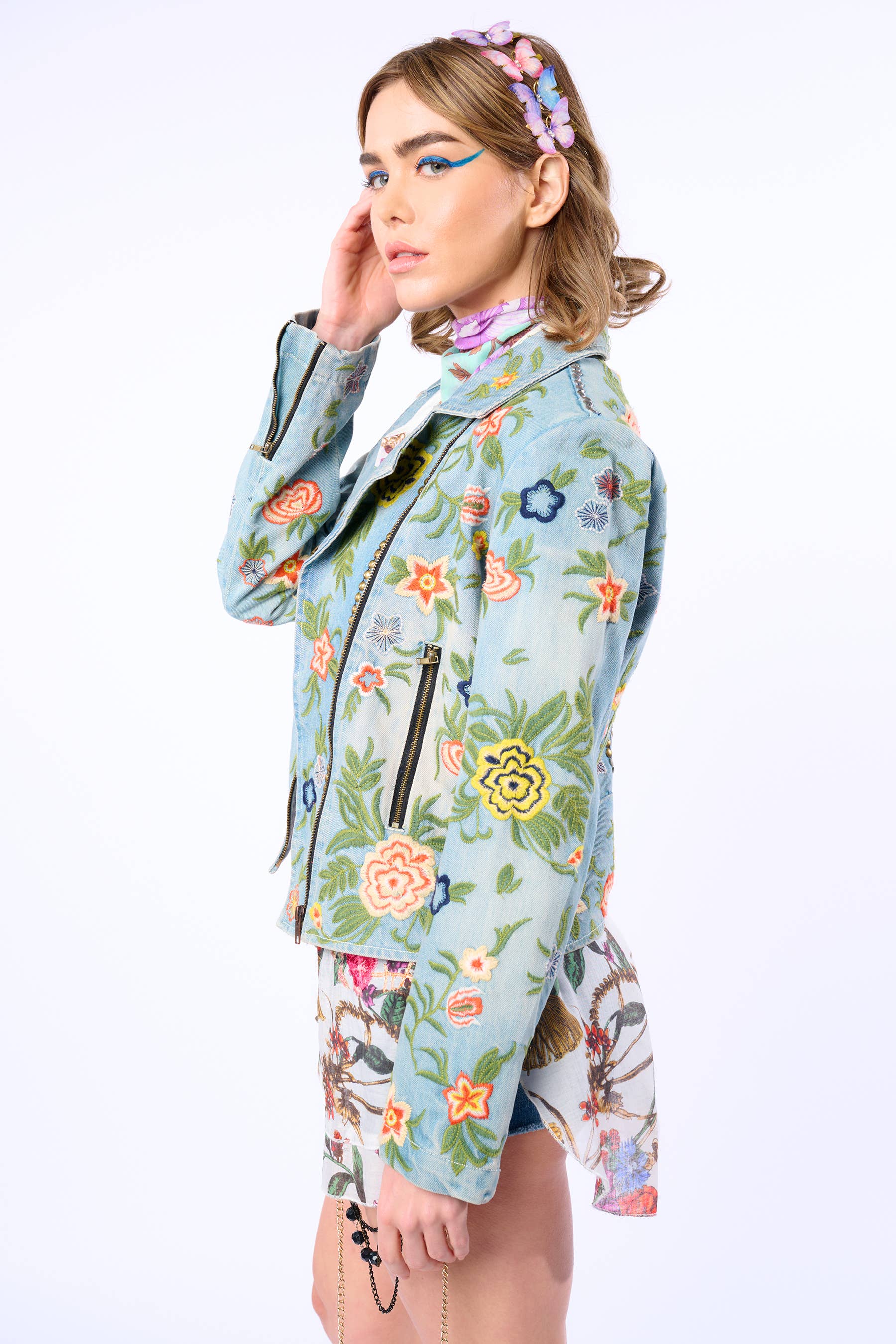 Lucinda Embroidered Denim Motorcycle Jacket for wholesale on Faire16