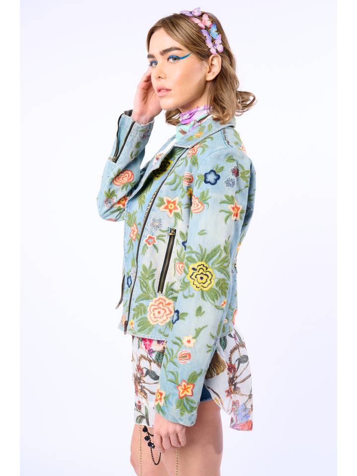 Lucinda Embroidered Denim Motorcycle Jacket for wholesale on Faire16