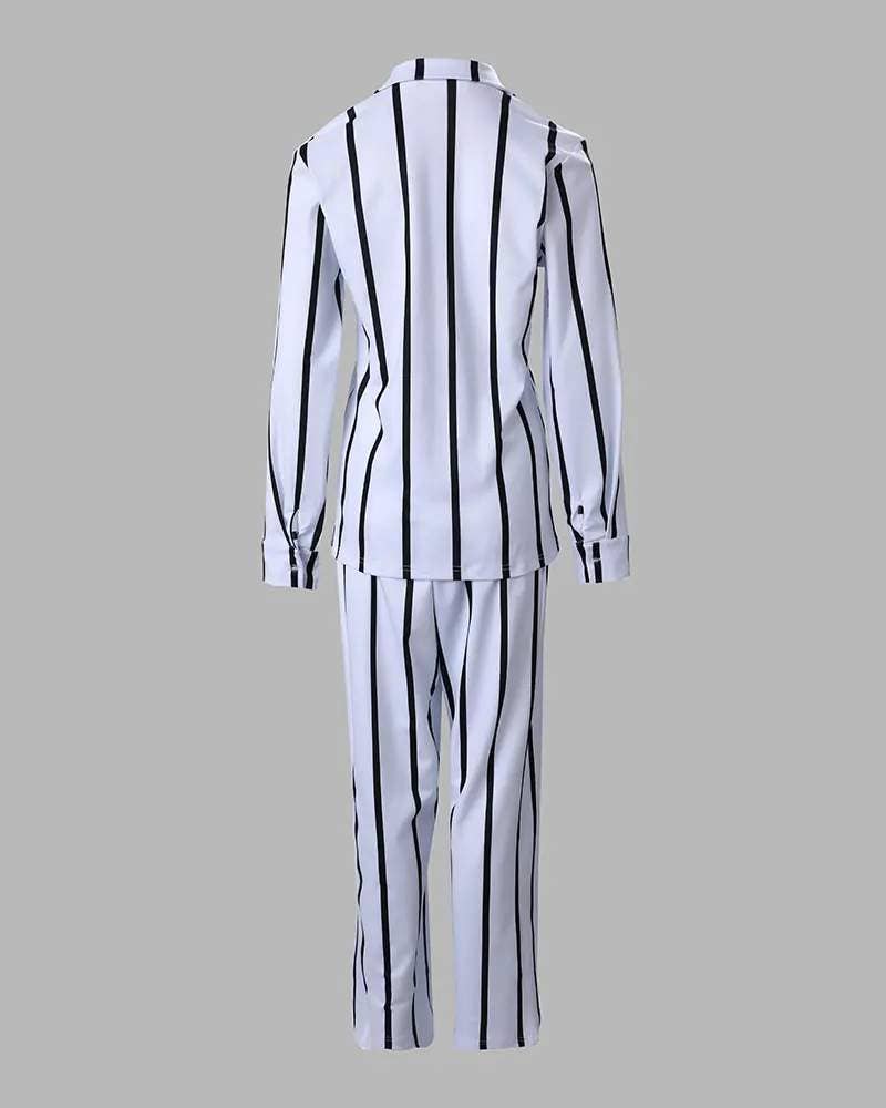 Fashion Combination - Wholesale Top & Skirt Set - Women's - striped long sleeve button down shirt pants set3