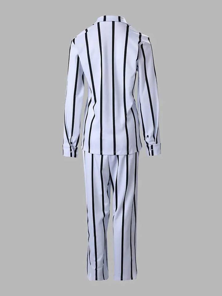 Fashion Combination - Wholesale Top & skirt set – Women's - striped long sleeve button down shirt pants set3