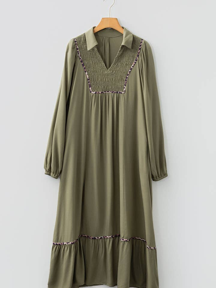 FB Leopard Trim Smocked V-Neck Midi Dress for wholesale by FASHION BLVD