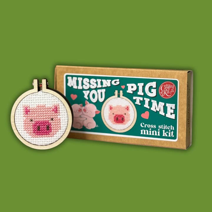 'Missing You Pig Time' Mini Matchbox Cross Stitch Kit for wholesale by The Crafty Kit Company