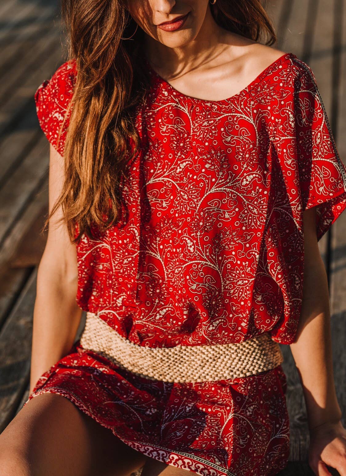 Miss Kitsch – wholesale Dress – Women's – Red Short Dress, Boho Dress, Summer Dress, Beach Dress, Resort Wear, Blouse Dress, Holiday Dress, Short Dress with Sleeve Corfu Dress7