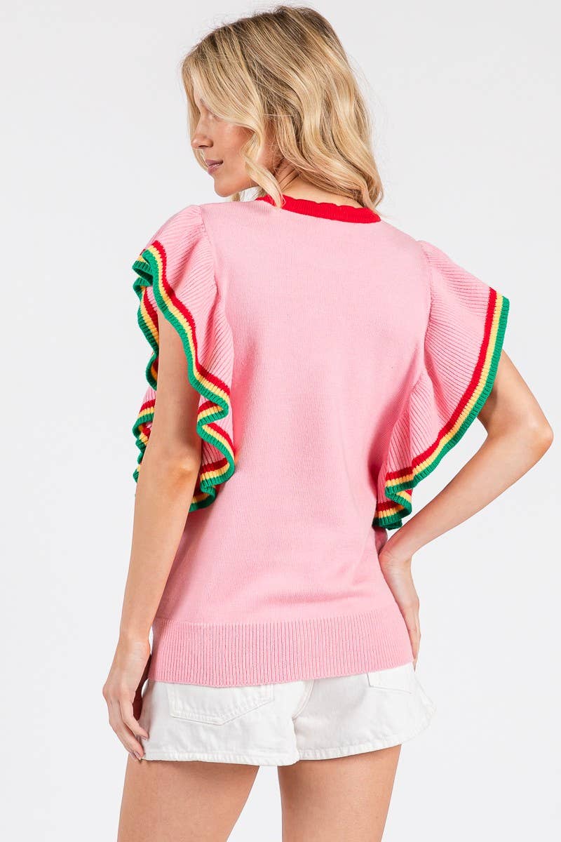 PINK FLORAL RUFFLE KNIT SWEATER TOP  for wholesale on Faire11