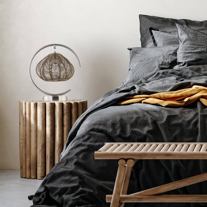 13.75"H Brushed Nickel Iron Table Lamp with Tan Rattan Shade for wholesale by River of Goods