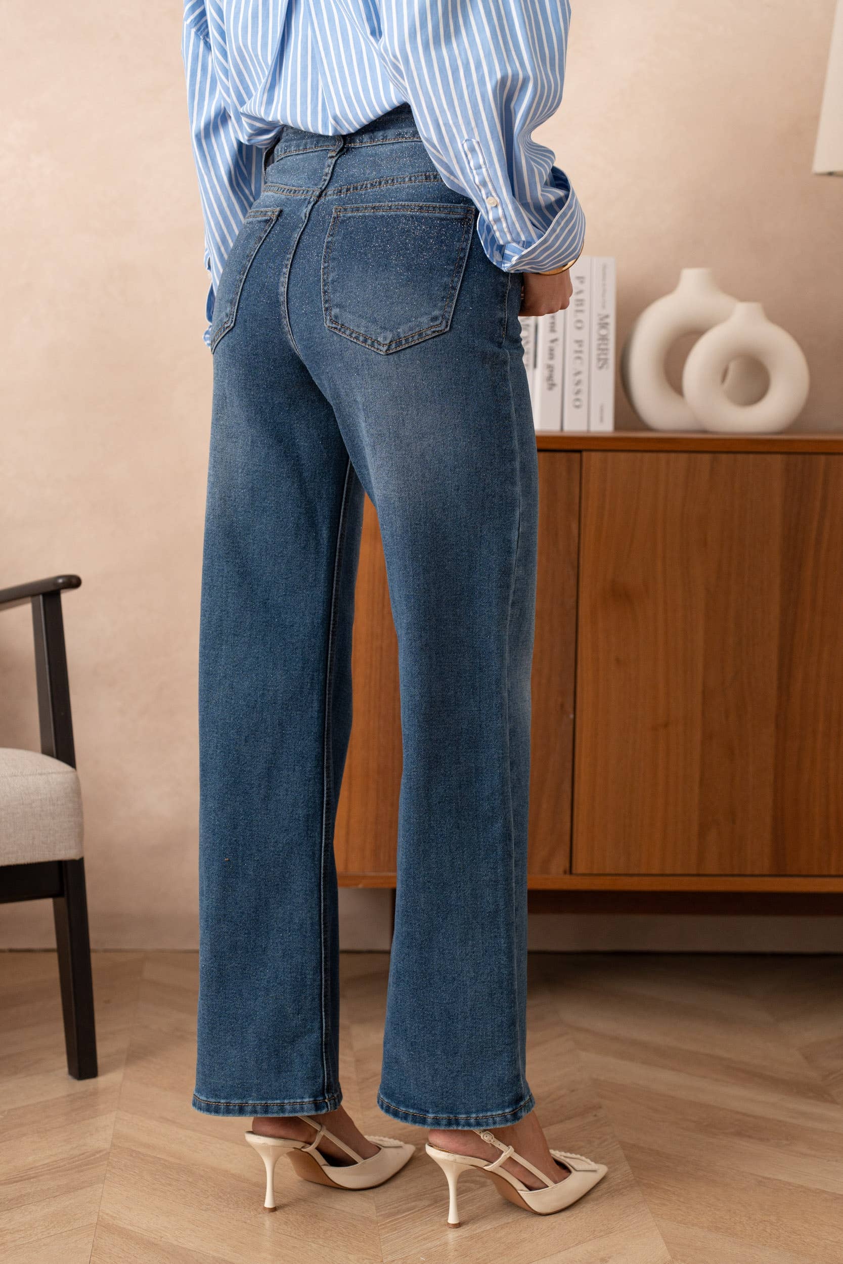 Blue Sequin wide leg jeans for wholesale on Faire4