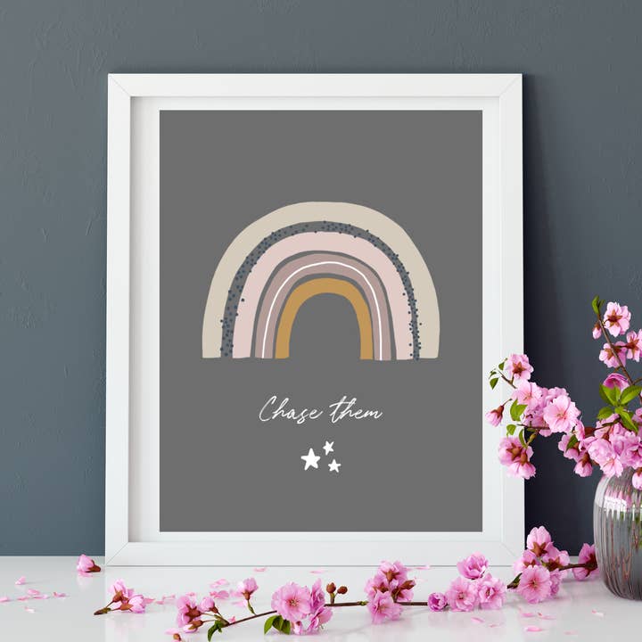 Rainbow 'chase them' art print for wholesale by Echo Designs