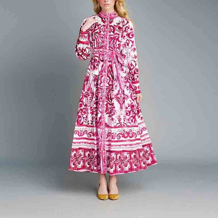 Plush Looks - Wholesale Dress - Women's - Lantern Sleeve Printed Cinched Waist Long Sleeve Dress