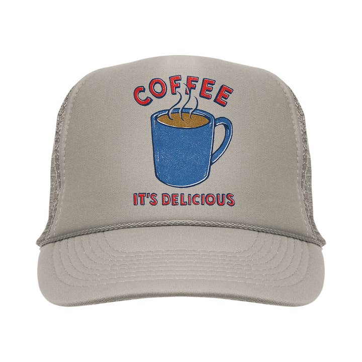 Coffee It's Delicious Trucker Hat - Tan for wholesale by The Poster List