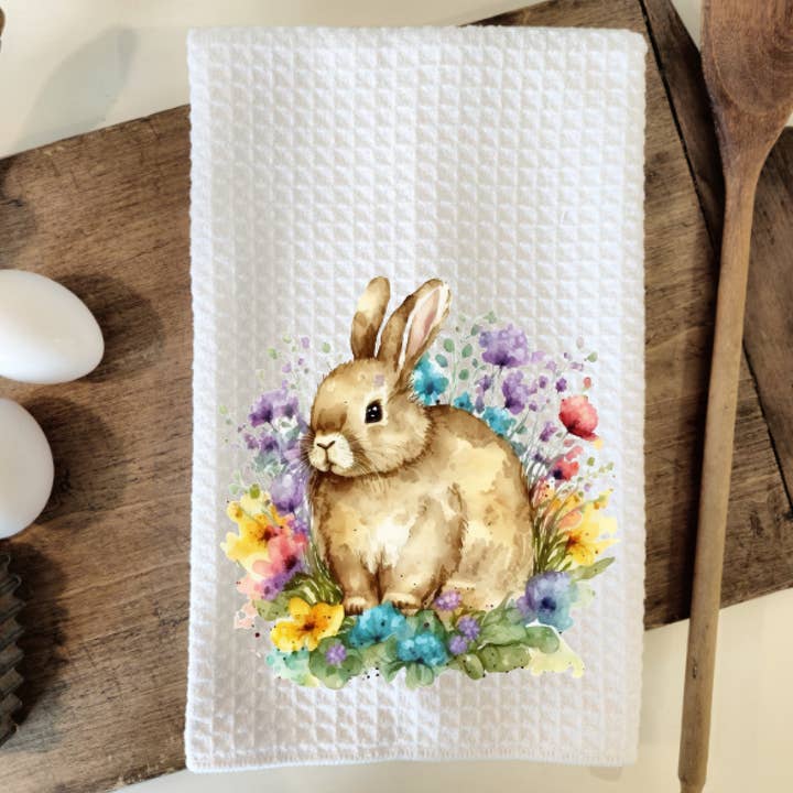 Spring Easter Bunny Waffle Weave Dish Towel Tea Towel for wholesale by Prairie Chicken Sticker Shop & Gifts