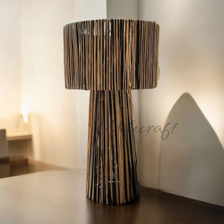 Moroccan Raffia Lamp Shade, Scalloped Striped Design for wholesale by Melecraft