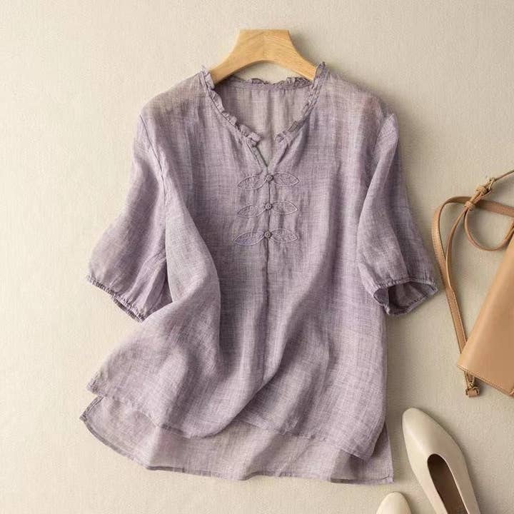 KK Bloom - Wholesale Blouse - Women's - Relaxed Fit Linen Cotton Artistic Embroidered T-Shirt