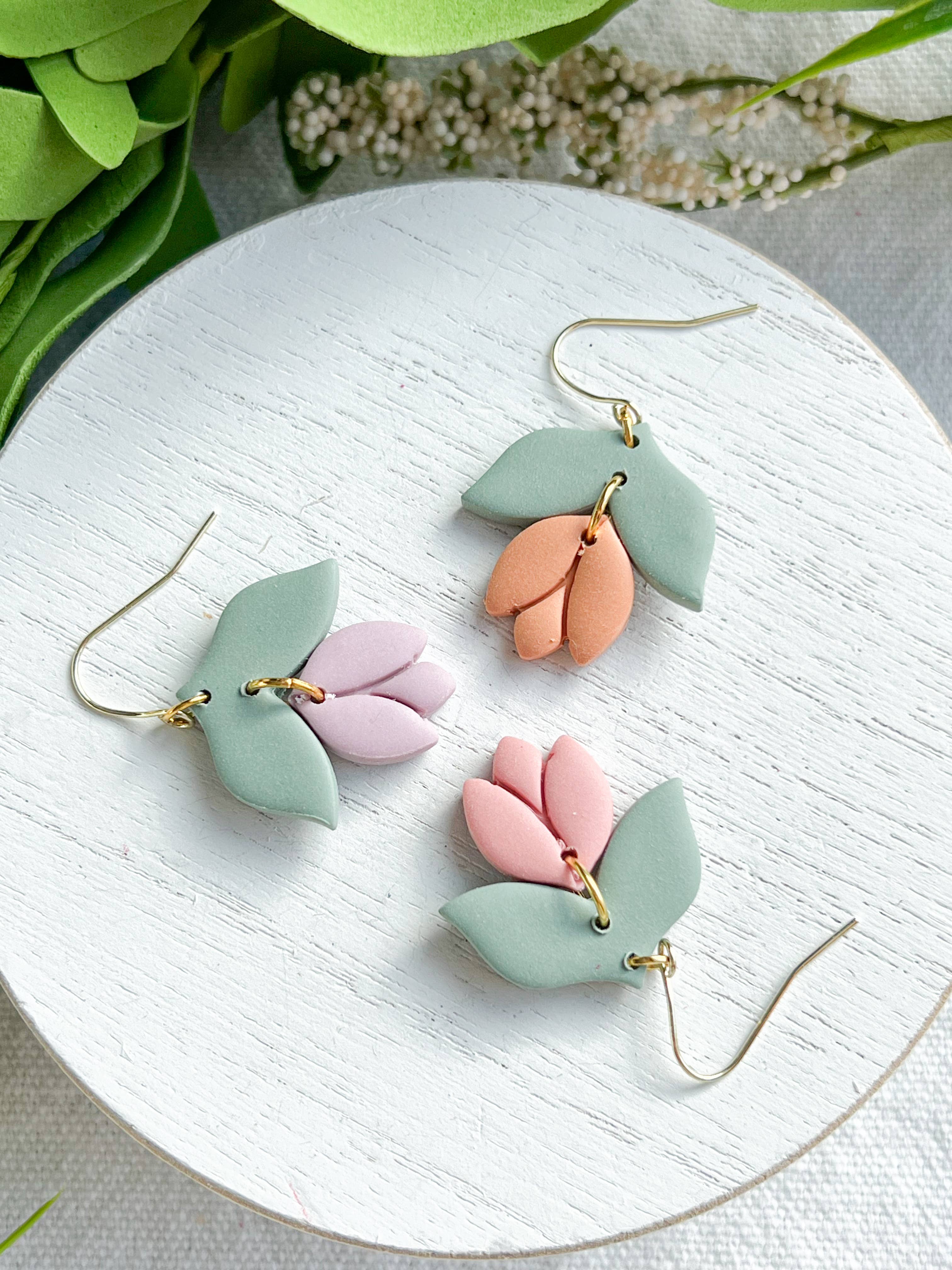 Morning Dew Designs - Wholesale Dangle Earrings - Soft Pastel Tulip Drop Leaf Polymer Clay Earrings4