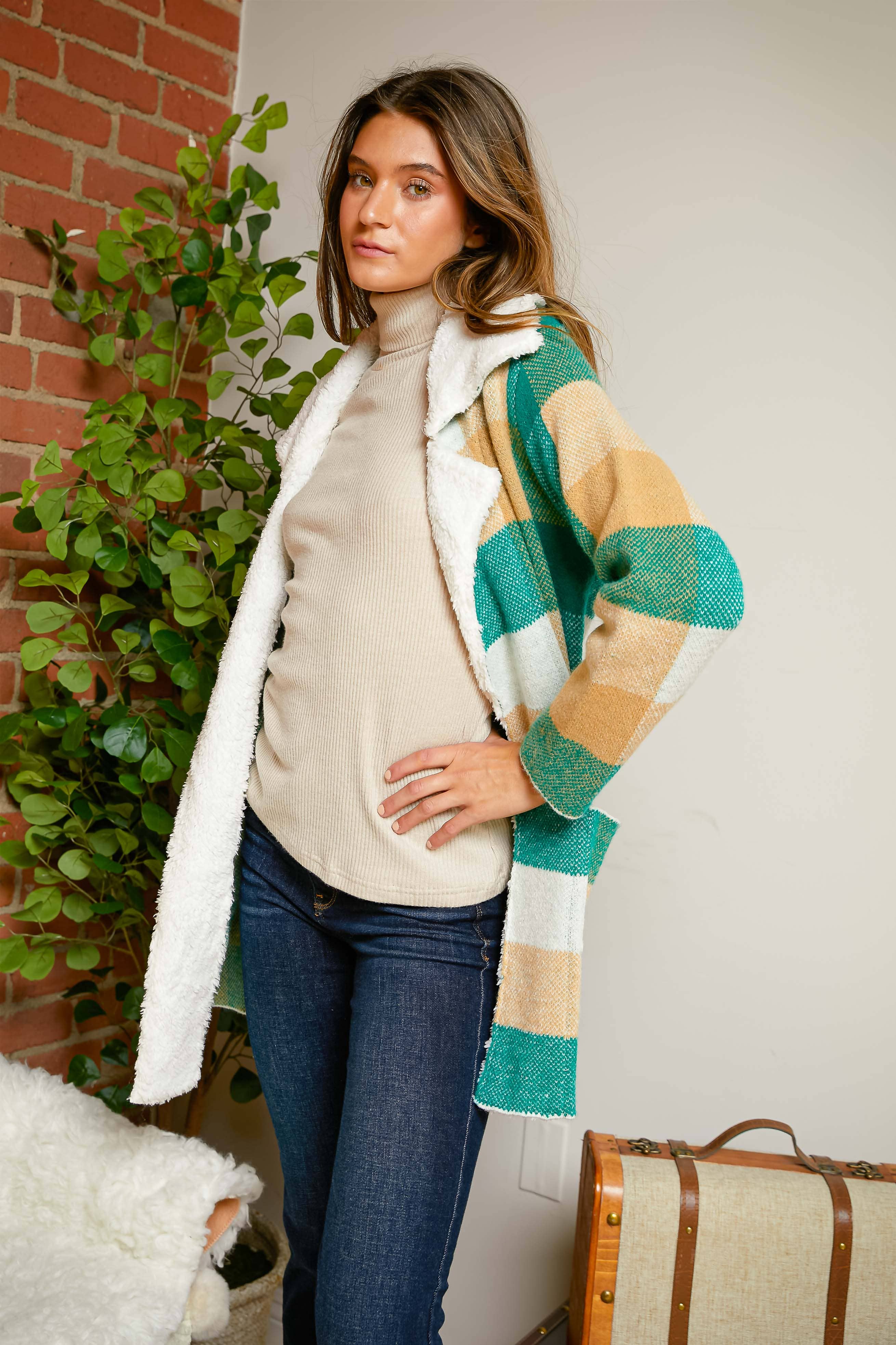 Green Multi PLUS CHECKER FAUX FUR COLLAR JACKET for wholesale on Faire5
