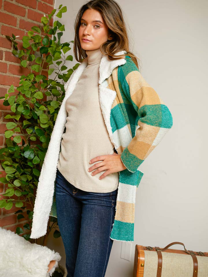 Green Multi PLUS CHECKER FAUX FUR COLLAR JACKET for wholesale on Faire5