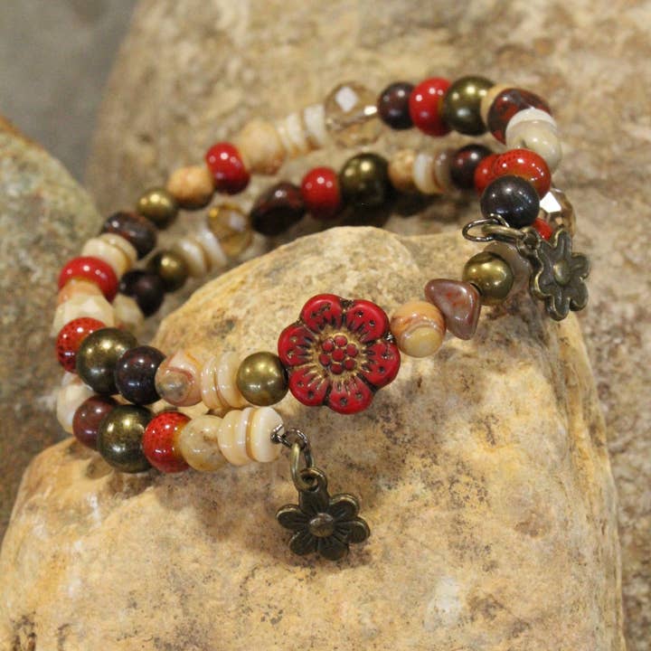 The Primitive Peddler, Inc. - Wholesale Beaded Bracelet - Red Czech Flower Stone Wrap Bracelet