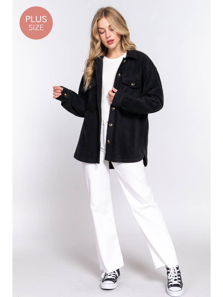 Blk Black Long Sleeve Notched Collar Front Pocket Fleece Jacket (Copy) for wholesale on Faire