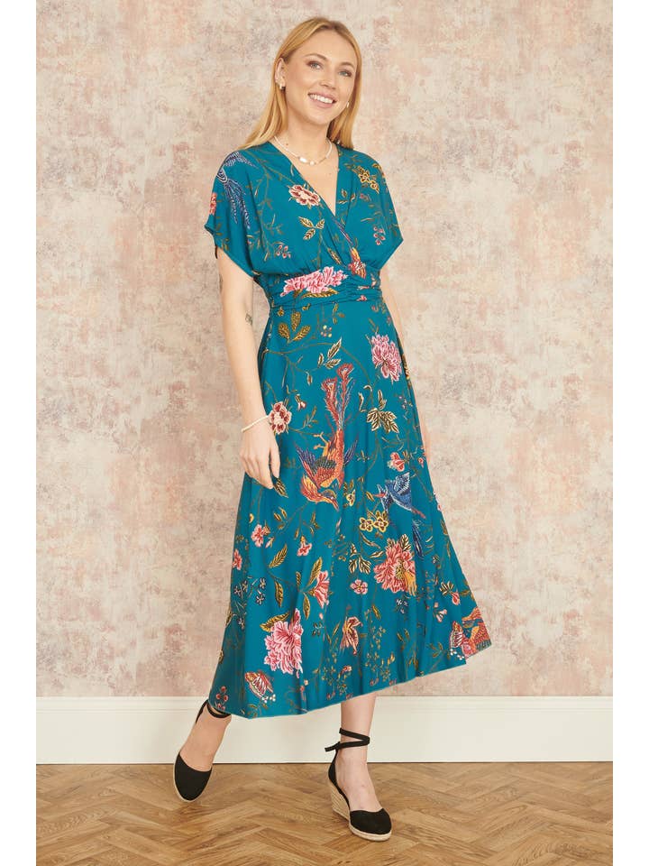 Yumi Teal Bird and Floral Print Ruched Waist Kimono Midi Dress for wholesale on Faire