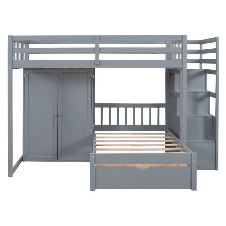 HomeRoots – wholesale Bed – Gray Full Over Twin Wood Bunk Bed With Stairs And Drawers And Storage