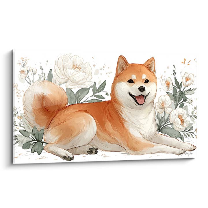 Red Shiba Inu Lying in White Flowers Painting - Floral Serenity - Shiba Inu Edition for wholesale by Walensky
