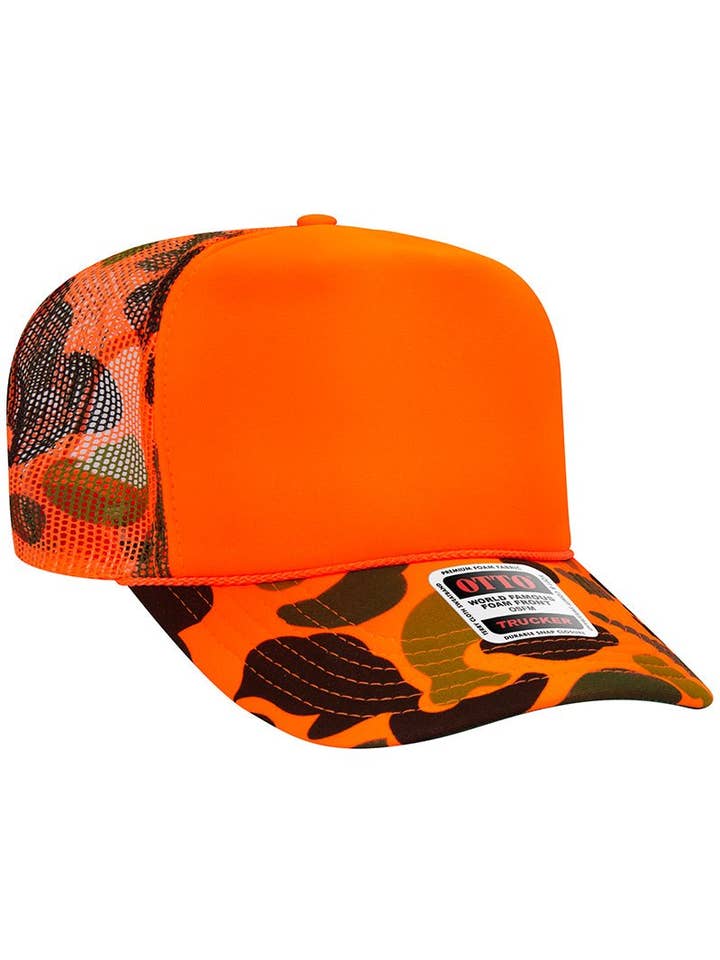 OTTO Neon Orange Camo with Solid Foam Front High Crown Trucker Hat for wholesale by Wholesale Accessory Market