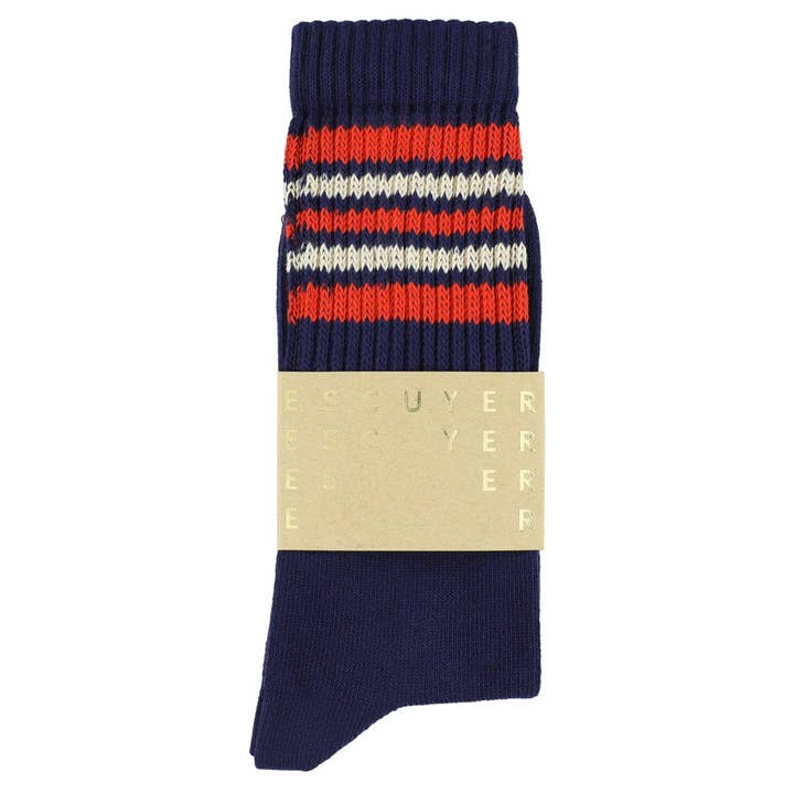ESCUYER - Wholesale Socks - Men's - Men 5 Stripes Socks - Blue / Orange / Ecru1