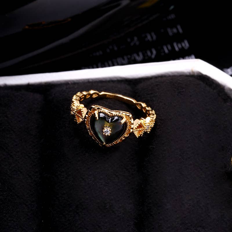 Gioiellin - S925 Silver Jewelry – Anel multi-pedra por atacado – Anel Vintage de Coração em Prata de Lei 925 com Madrepérola Preta2