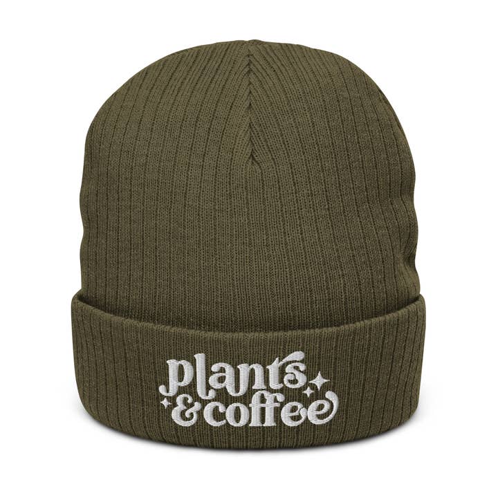 Above The Soil - Wholesale Beanie - Unisex - Plants and Coffee Olive Ribbed Knit Beanie - Coffee Shop