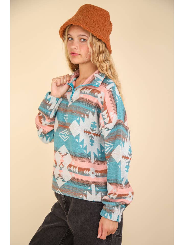 VERY J - Wholesale Sweatshirt - Women's - NT11854X-PLUS SIZE Aztec Printed Henley Woven Pullover Top