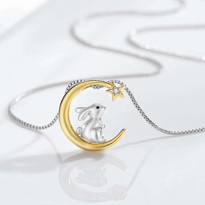 Perimade & Co. LLC - Wholesale Pendant/Charm Necklace - Gold Moon Star Bunny Rabbit Necklace in 925 Sterling Silver