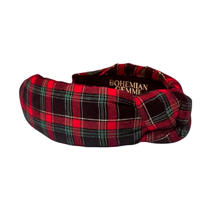 Bandeau noué à carreaux écossais noir et rouge pour les fêtes pour la vente par BOHEMIAN GEMME