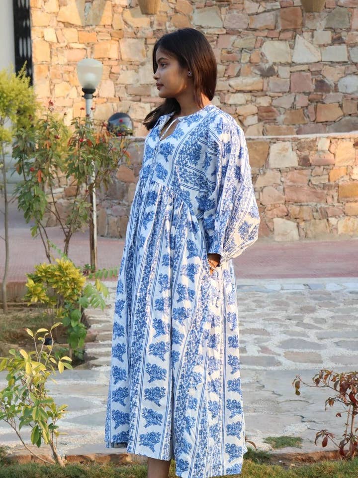 bhavnas boutique - Wholesale Dress - Women's - Long Block Printed Midi Dress Deep Neck with String Closer