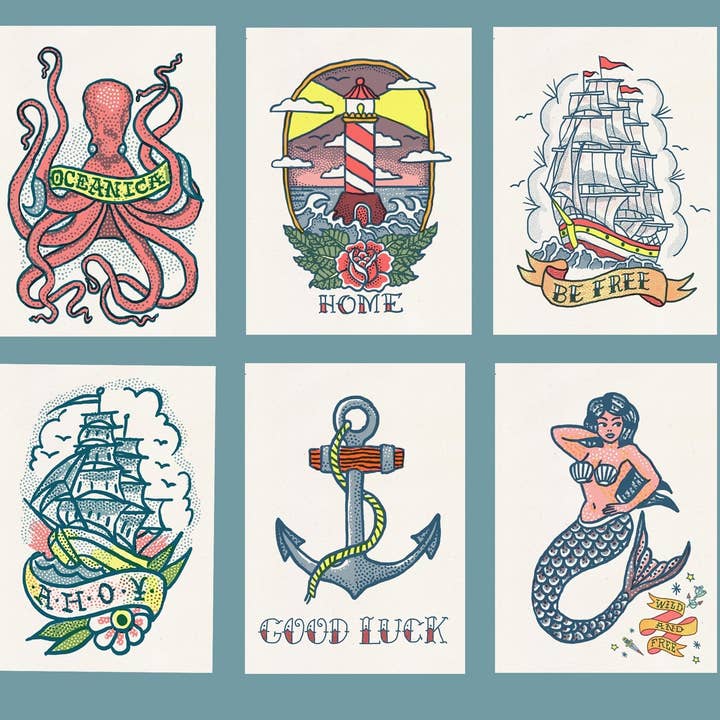Old School Tattoo Postkarten-Set mit Meeresmotiv für den Großhandel von PRRINT!