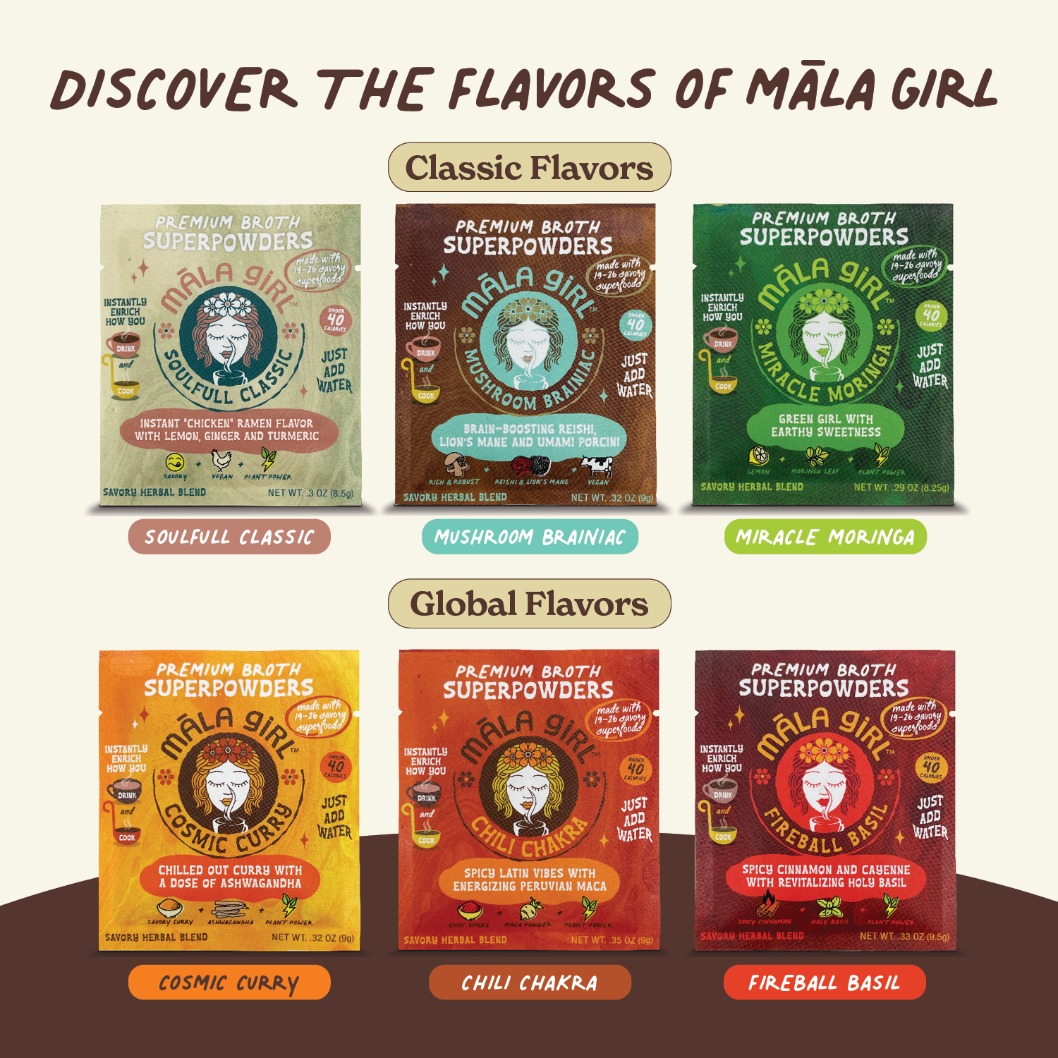 māla girl - Vente Boisson diététique en poudre - Pack varié à portion individuelle de poudres de bouillon instantané de superaliments1