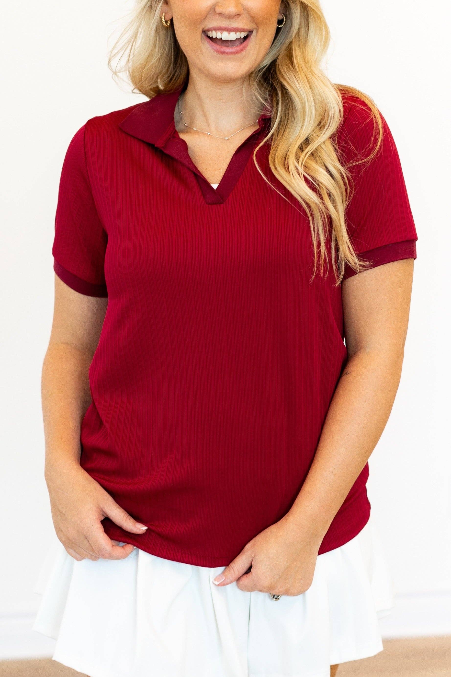 Red Rib Knit Polo Top, Maroon for wholesale on Faire11
