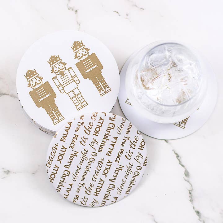 Notenkraker omkeerbare papieren onderzetters wit/goud 4x4 set van 20 voor wholesale door The Royal Standard