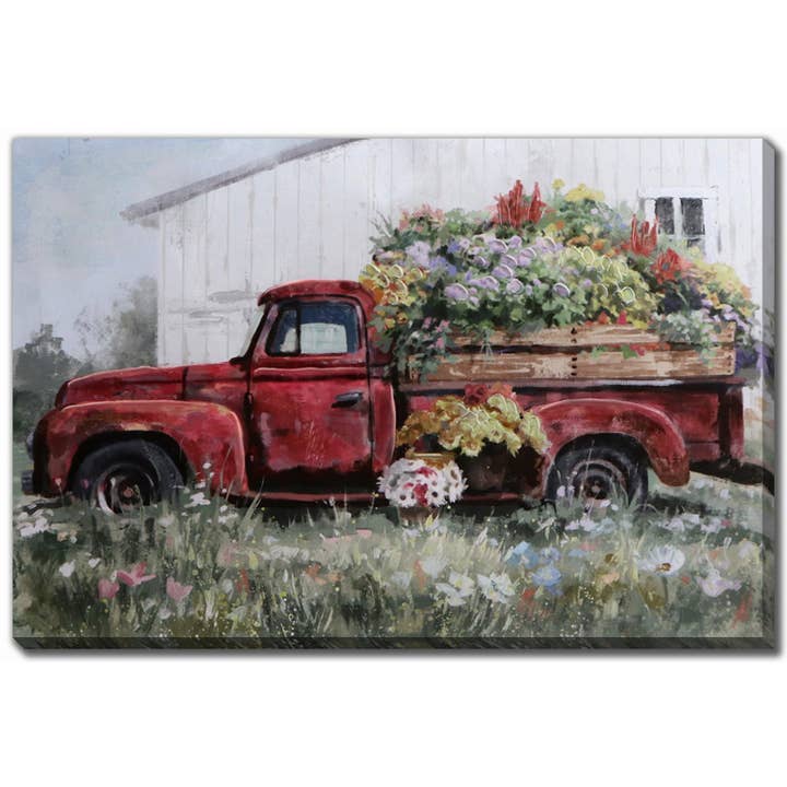 Camion rouge avec fleurs Art mural sur toile pour la vente par Streamline Art