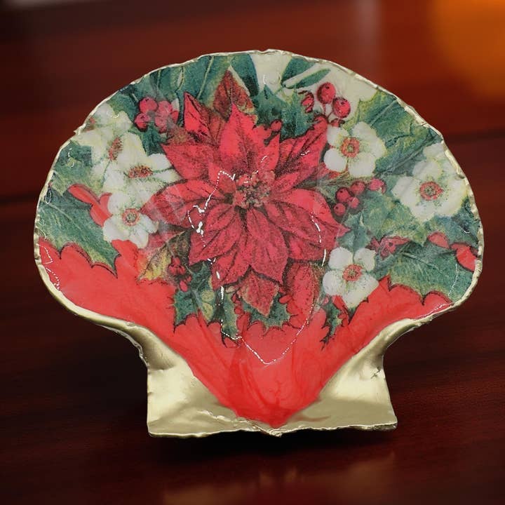 Poinsettia Cheer Scallop Shell Trinket Dish – Gold Rim for wholesale by Shell Yeah By Jaks LLC