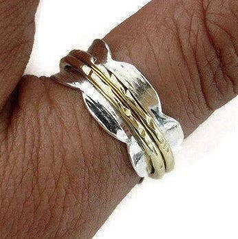 Mistry Gems - Wholesale Band/Stacked Ring - Wavy Two Tone Spinner Ring | 925 Sterling Silver & Brass, SP531