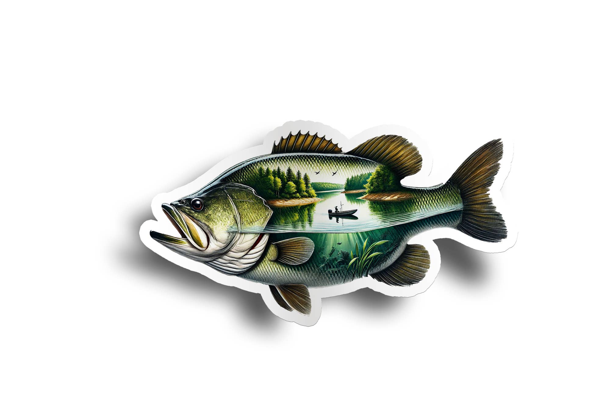 PiggyPrintStickers – wholesale Sticker – Bass Sticker | Lake Fishing Scene | Waterproof Vinyl1