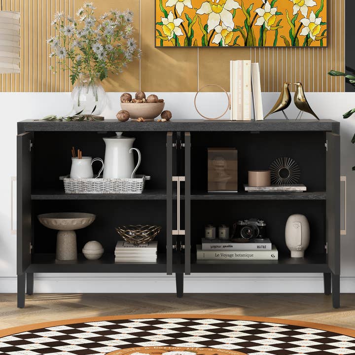 Black Wooden Sideboard with Metal Handles, Shelves & Doors for wholesale on Faire1