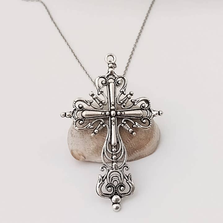 Gothic Cross Statement Necklace, Silver Cross Necklace for wholesale by Piccadilly Pendants